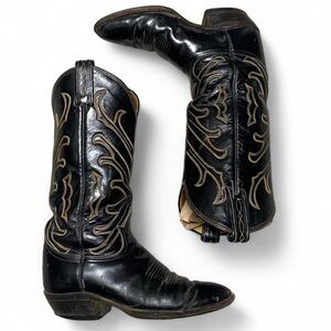 Vintage black with beige embroider leather cowboy boots